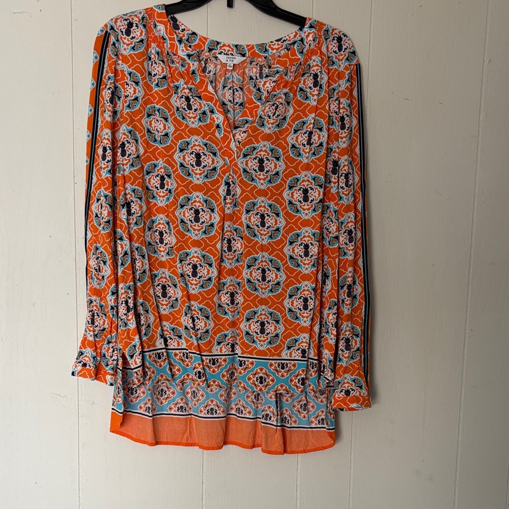 Orange Patterned Long-Sleeve Blouse - Unbranded
